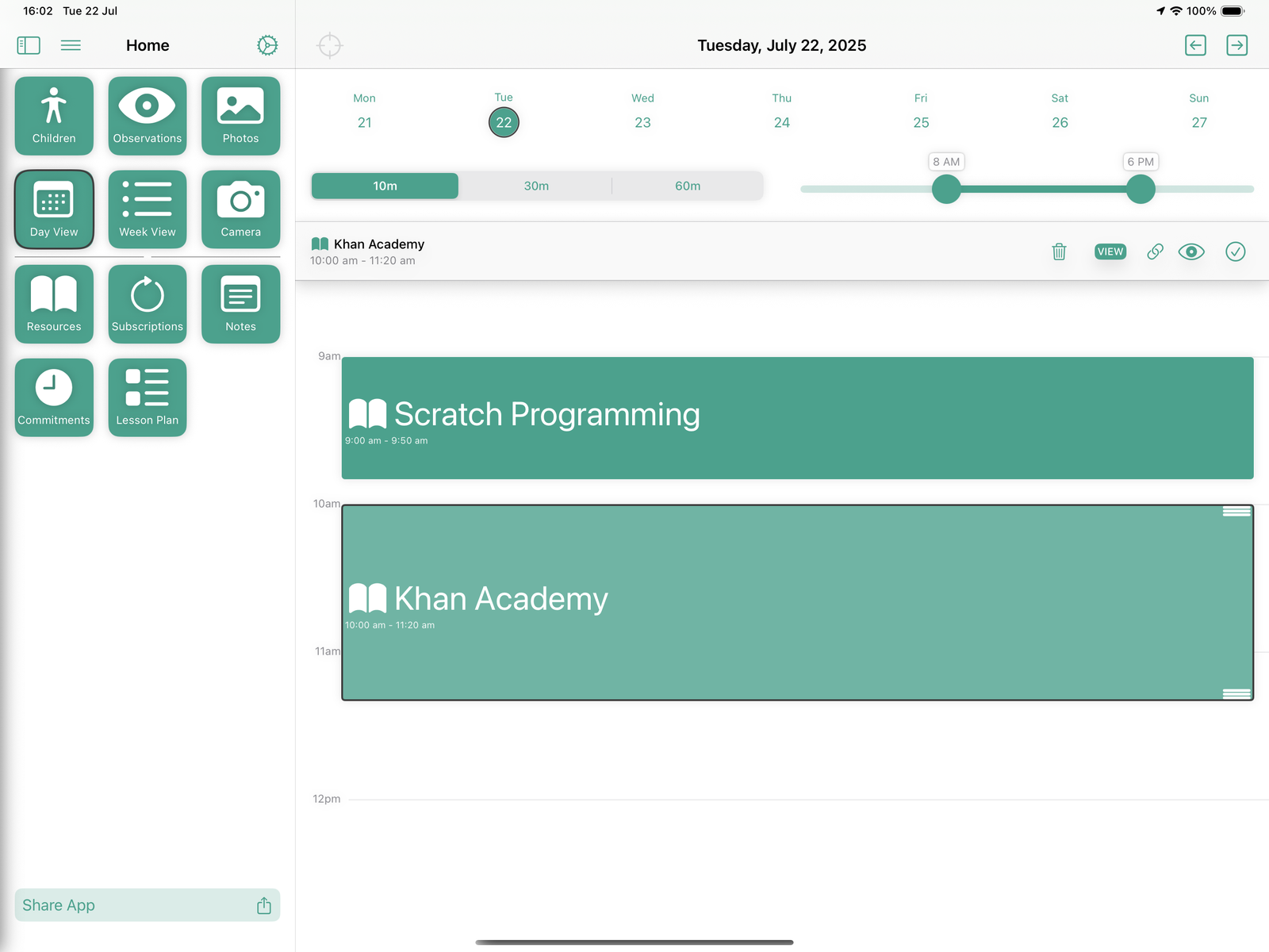 Day view – scheduled learning activities