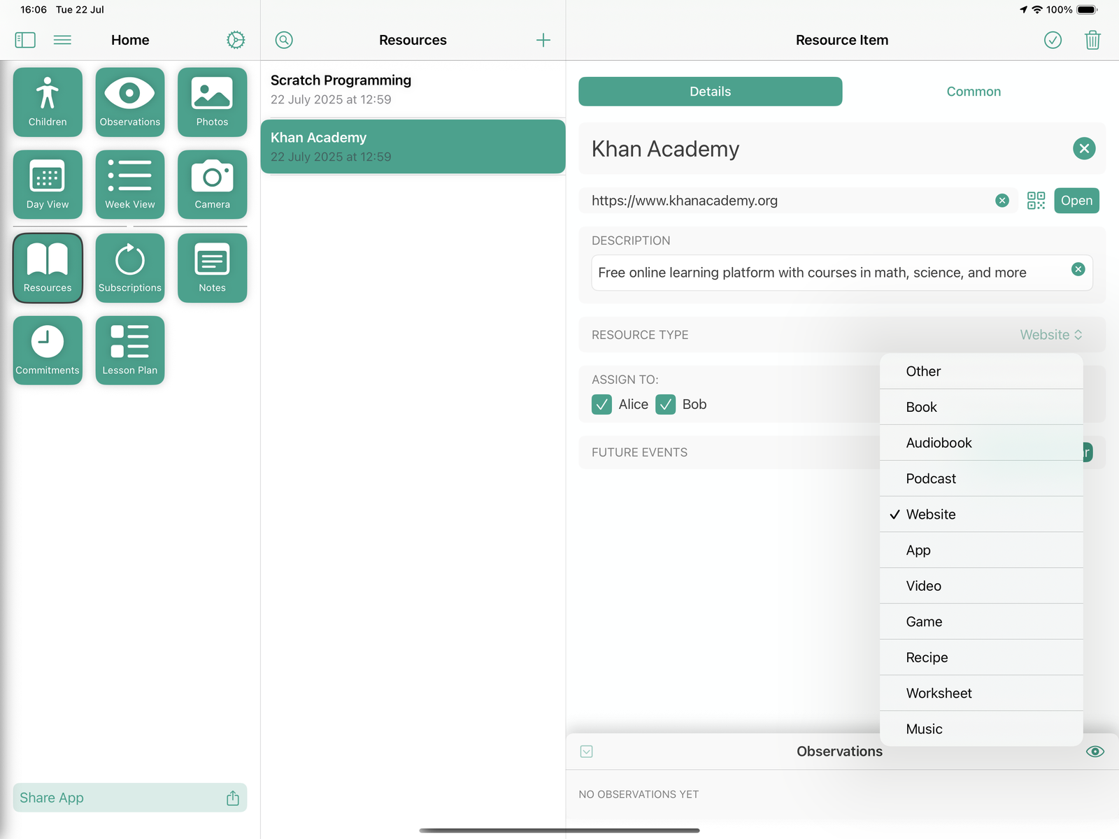 Resource item – website resource details