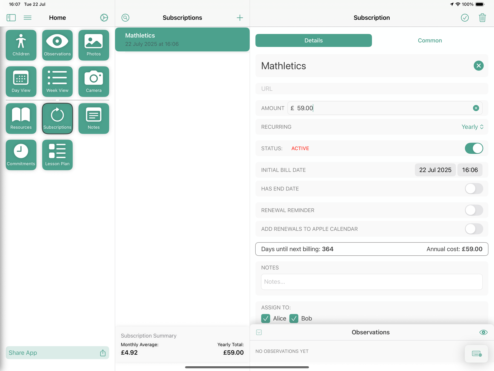 Subscriptions – track costs and renewals