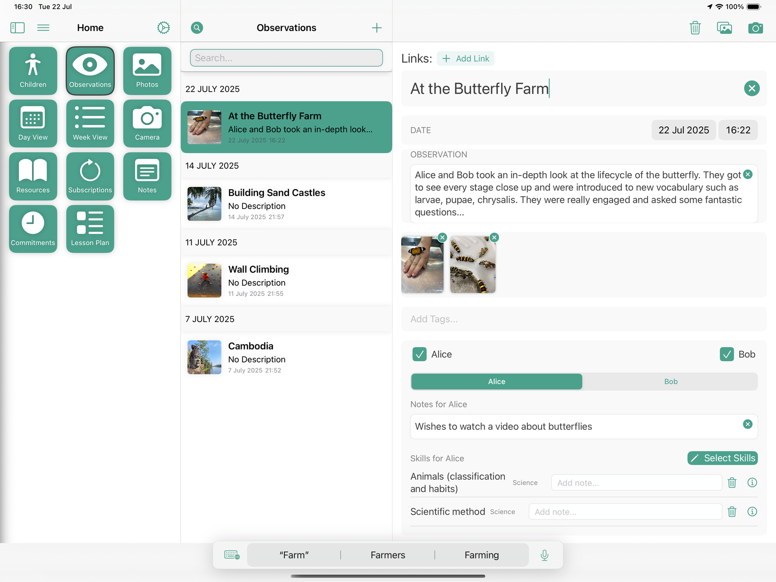 Observations – notes with photos and skills