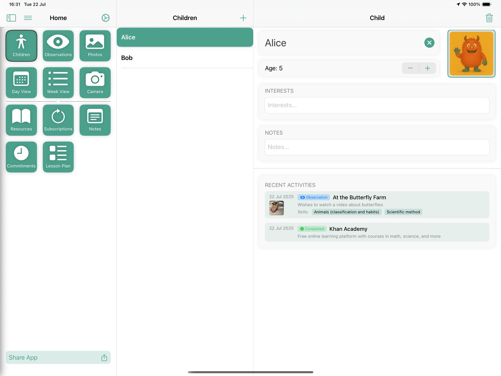 Child profile – activities and notes
