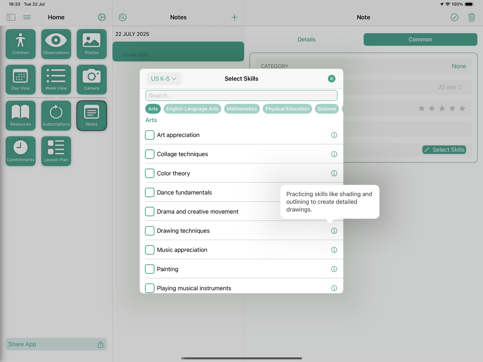 Skills picker – curriculum-aligned skills